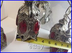 Vintage Ceiling Chain Hanging Pendant RED Glass Fixture Lamp Light Brass