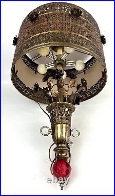 Vintage Ceiling Hanging Pierced Brass Swag Lamp Light Fixture Hollywood Regency