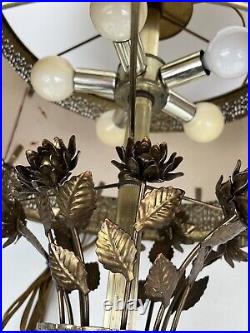 Vintage Ceiling Hanging Pierced Brass Swag Lamp Light Fixture Hollywood Regency