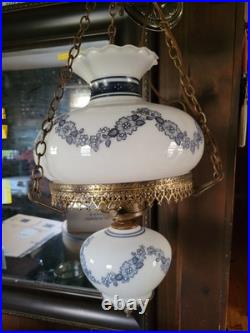 Vintage Ceiling Light Fixture 3 Chain Hanging Globes Blue Floral