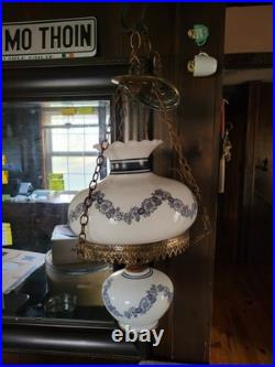 Vintage Ceiling Light Fixture 3 Chain Hanging Globes Blue Floral
