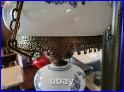 Vintage Ceiling Light Fixture 3 Chain Hanging Globes Blue Floral