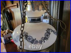 Vintage Ceiling Light Fixture 3 Chain Hanging Globes Blue Floral
