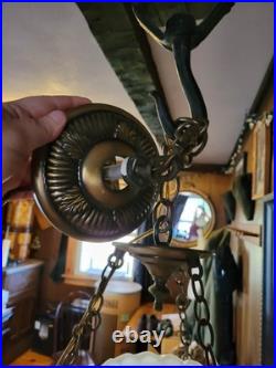 Vintage Ceiling Light Fixture 3 Chain Hanging Globes Blue Floral