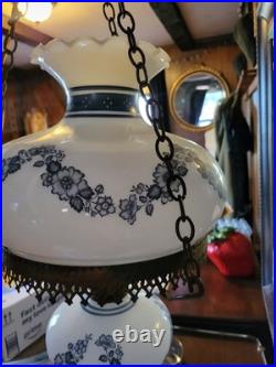 Vintage Ceiling Light Fixture 3 Chain Hanging Globes Blue Floral
