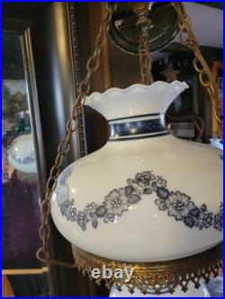 Vintage Ceiling Light Fixture 3 Chain Hanging Globes Blue Floral