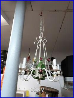 Vintage Ceiling Light Fixture Hanging Lamp Chandelier WHITE METAL FLOWERS