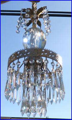 Vintage Ceiling crystal faceted cut globe Icy clear Brass hanging lamp w canopy
