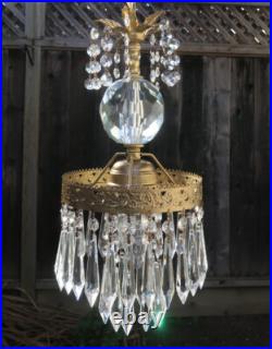 Vintage Ceiling crystal faceted cut globe Icy clear Brass hanging lamp w canopy