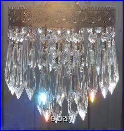 Vintage Ceiling crystal faceted cut globe Icy clear Brass hanging lamp w canopy