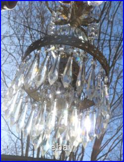 Vintage Ceiling crystal faceted cut globe Icy clear Brass hanging lamp w canopy