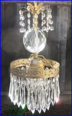 Vintage Ceiling crystal faceted cut globe Icy clear Brass hanging lamp w canopy