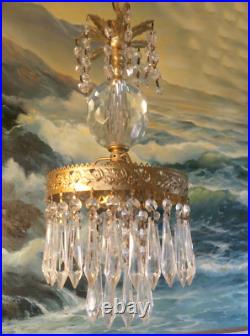 Vintage Ceiling crystal faceted cut globe Icy clear Brass hanging lamp w canopy