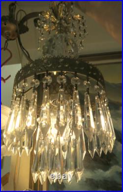 Vintage Ceiling crystal faceted cut globe Icy clear Brass hanging lamp w canopy