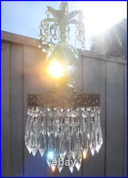 Vintage Ceiling crystal faceted cut globe Icy clear Brass hanging lamp w canopy
