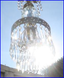 Vintage Ceiling crystal faceted cut globe Icy clear Brass hanging lamp w canopy
