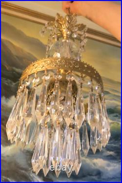 Vintage Ceiling crystal faceted cut globe Icy clear Brass hanging lamp w canopy Vintage Ceiling crystal faceted cut globe Icy clear Brass hanging lamp w canopy