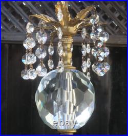 Vintage Ceiling crystal faceted cut globe Icy clear Brass hanging lamp w canopy
