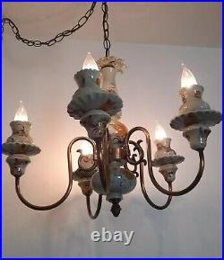 Vintage Chandelier 5 Light Porcelain & Brass / Floral Hanging swag Lamp
