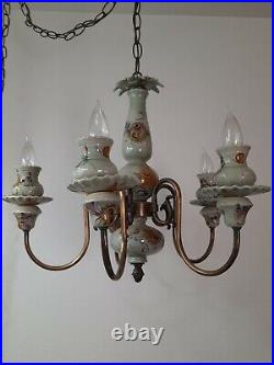 Vintage Chandelier 5 Light Porcelain & Brass / Floral Hanging swag Lamp