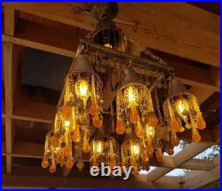 Vintage Chandelier Amber Glass Droplets & Coin Accents -Unique Bohemian Lighting