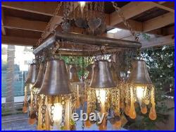 Vintage Chandelier Amber Glass Droplets & Coin Accents -Unique Bohemian Lighting