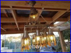 Vintage Chandelier Amber Glass Droplets & Coin Accents -Unique Bohemian Lighting