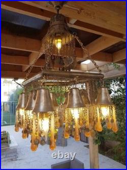 Vintage Chandelier Amber Glass Droplets & Coin Accents -Unique Bohemian Lighting