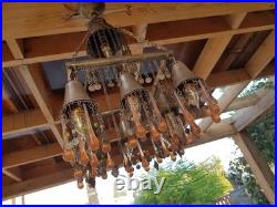 Vintage Chandelier Amber Glass Droplets & Coin Accents -Unique Bohemian Lighting