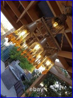Vintage Chandelier Amber Glass Droplets & Coin Accents -Unique Bohemian Lighting
