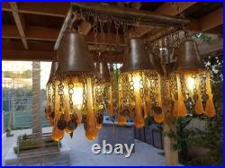 Vintage Chandelier Amber Glass Droplets & Coin Accents -Unique Bohemian Lighting