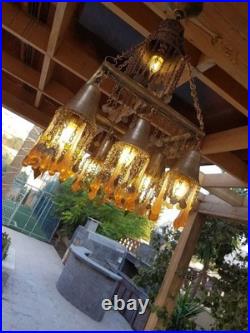 Vintage Chandelier Amber Glass Droplets & Coin Accents -Unique Bohemian Lighting Vintage Chandelier Amber Glass Droplets & Coin Accents -Unique Bohemian Lighting