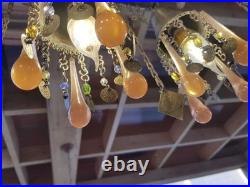 Vintage Chandelier Amber Glass Droplets & Coin Accents -Unique Bohemian Lighting
