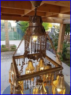 Vintage Chandelier Amber Glass Droplets & Coin Accents -Unique Bohemian Lighting