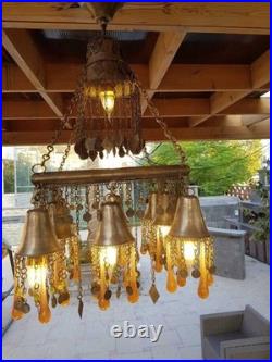 Vintage Chandelier Amber Glass Droplets & Coin Accents -Unique Bohemian Lighting