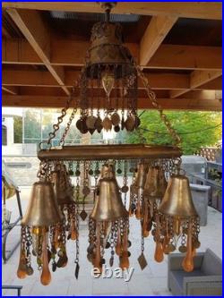 Vintage Chandelier Amber Glass Droplets & Coin Accents -Unique Bohemian Lighting