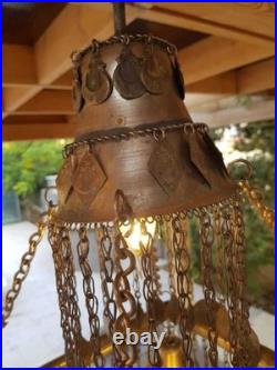 Vintage Chandelier Amber Glass Droplets & Coin Accents -Unique Bohemian Lighting