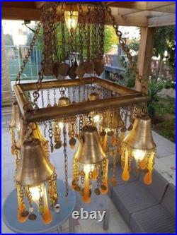 Vintage Chandelier Amber Glass Droplets & Coin Accents -Unique Bohemian Lighting Vintage Chandelier Amber Glass Droplets & Coin Accents -Unique Bohemian Lighting