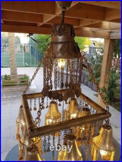 Vintage Chandelier Amber Glass Droplets & Coin Accents -Unique Bohemian Lighting