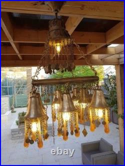 Vintage Chandelier Amber Glass Droplets & Coin Accents -Unique Bohemian Lighting