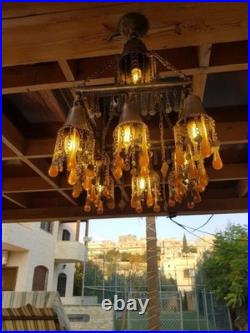 Vintage Chandelier Amber Glass Droplets & Coin Accents -Unique Bohemian Lighting