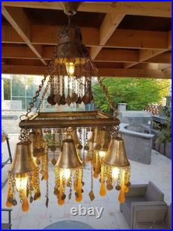 Vintage Chandelier Amber Glass Droplets & Coin Accents -Unique Bohemian Lighting