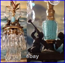 Vintage Chandelier swag Lamp Cherub Trumpet crystal brass Blue glass beaded opal