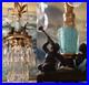 Vintage Chandelier swag Lamp Cherub Trumpet crystal brass Blue glass beaded opal
