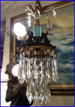 Vintage Chandelier swag Lamp Cherub Trumpet crystal brass Blue glass beaded opal Vintage Chandelier swag Lamp Cherub Trumpet crystal brass Blue glass beaded opal