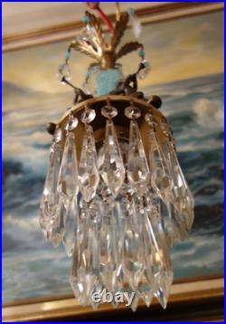 Vintage Chandelier swag Lamp Cherub Trumpet crystal brass Blue glass beaded opal Vintage Chandelier swag Lamp Cherub Trumpet crystal brass Blue glass beaded opal