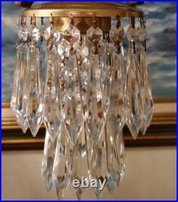 Vintage Chandelier swag Lamp Cherub Trumpet crystal brass Blue glass beaded opal