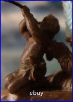 Vintage Chandelier swag Lamp Cherub Trumpet crystal brass Blue glass beaded opal