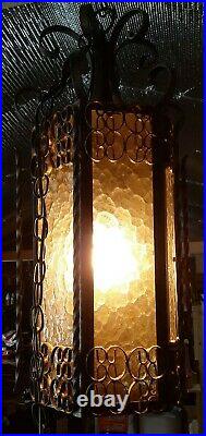 Vintage Church Gothic Hanging Yellow Slag Glass Ceiling Lamp Chain Electric