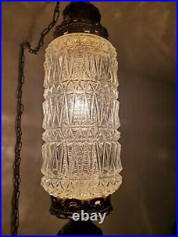 Vintage Clear Cut Glass Swag Hanging Light Ornate Regency Glam Mid Century Lamp